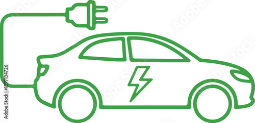 Green electric car outline with lightning bolt and charging plug, representing sustainable transportation and eco-friendly technology
