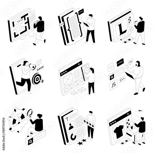 Set of Graphic Designing Glyph Isometric Illustrations 
