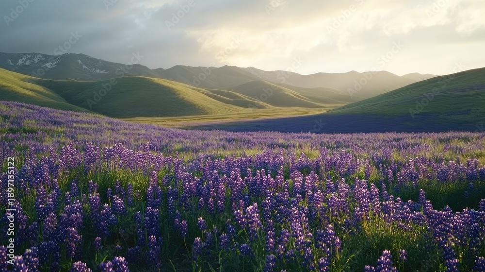 Fototapeta premium Expansive Lavender Field Under Soft Golden Sunset with Majestic Mountains in the Background Creating a Serene and Peaceful Landscape