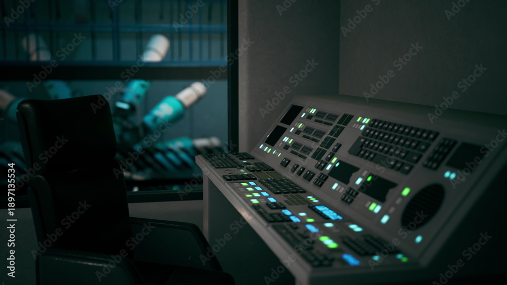 Fototapeta premium A dimly lit control room displays an array of illuminated panels and buttons. A dark chair stands empty, hinting at recent activity.