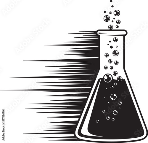Science flask with bubbling liquid and dynamic speed lines on the left on a transparent background