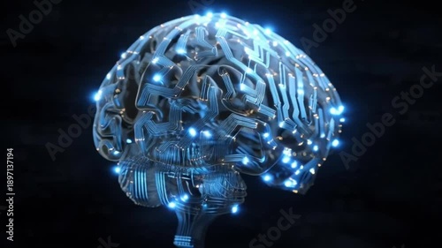 A futuristic glowing blue artificial intelligence brain composed of digital circuits and neural networks.