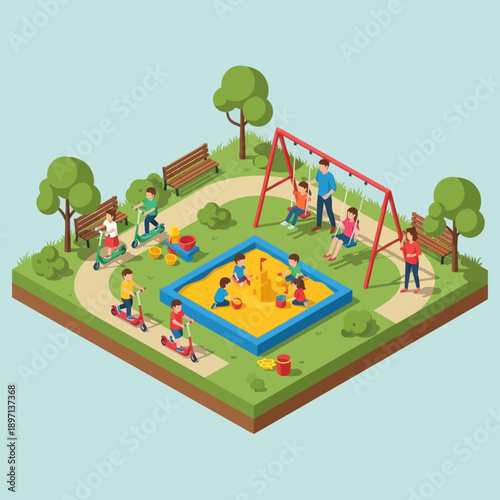Children Playing in Playground with Sandbox and Swings.