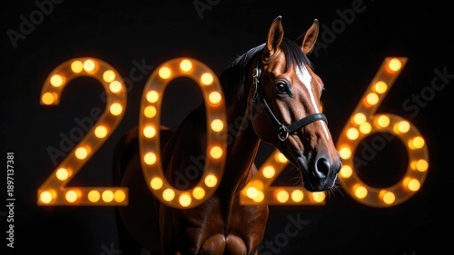 A horse on a black background with the numbers 2026