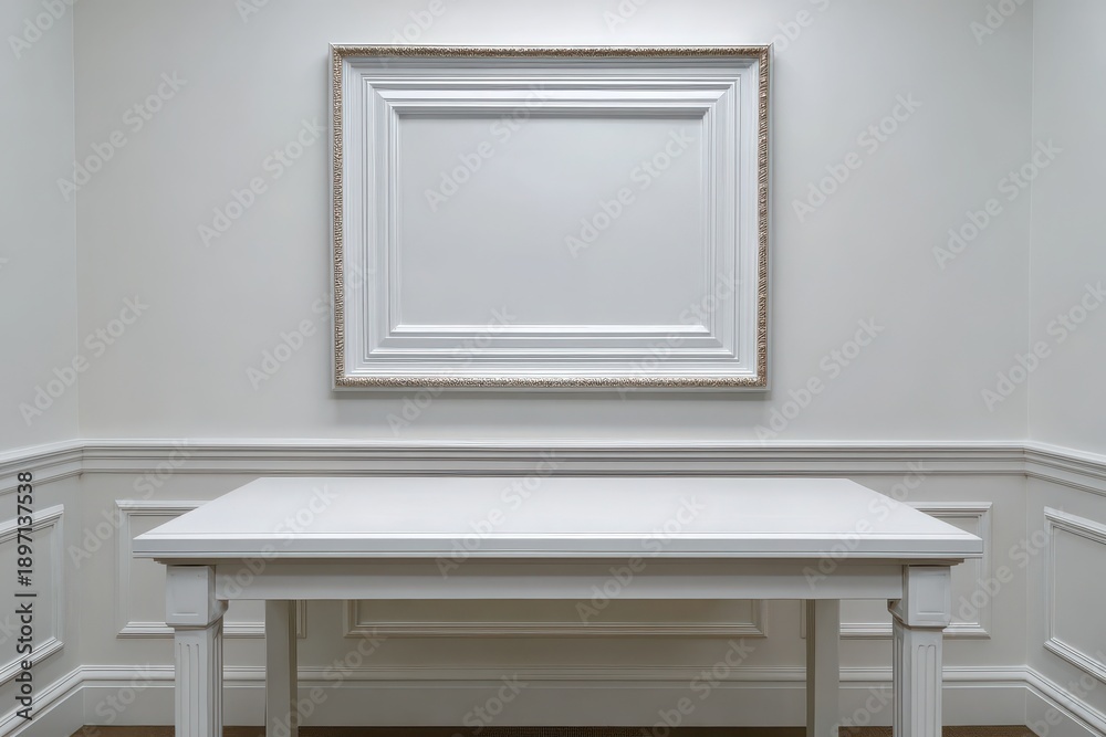 Fototapeta premium Empty ornate white picture frame hangs above a simple white console table in a minimalist room