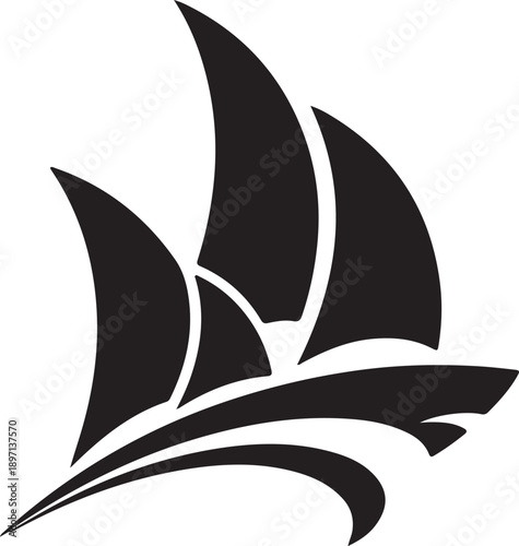 Stylized black sailboat with full sails on a wave, perfect for themes of adventure, travel, and marine exploration
