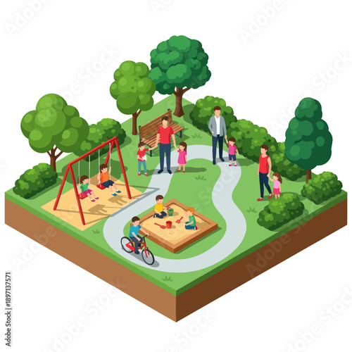 Isometric Illustration of Playground with Children Playing.