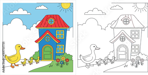 Cute mother duck leading three baby ducklings walking towards a colorful house on a sunny day, vector illustration for children book or spring concepts.