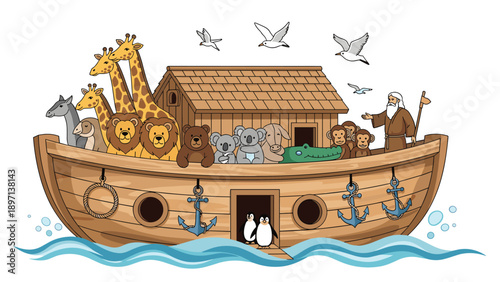 Biblical Noah's Ark floating on blue waves filled with pairs of various animals like giraffes, lions, and bears under white birds.