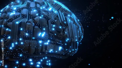 A futuristic glowing blue artificial intelligence brain composed of digital circuits and neural networks.