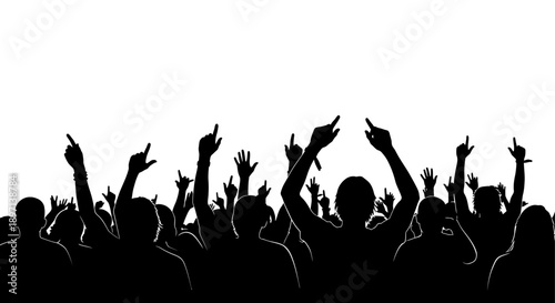 energetic silhouettes of a crowd raising hands and cheering in celebration at a live music event ideal for promotional graphics.