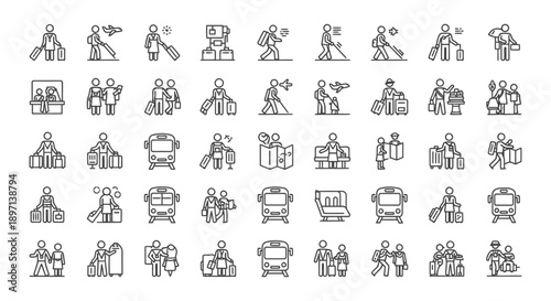 line art travel and transportation icons featuring people luggage airport bus and train symbols ideal for uiux web and app design.