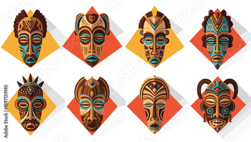 Array of various traditional African tribal masks with geometric patterns and vibrant colors displayed on diamond shapes.