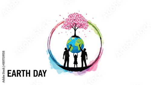 Beautiful Earth Day conceptual art showing silhouettes of a family supporting a globe with a lush pink blossoming tree.