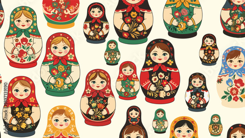 Charming seamless pattern of traditional Russian nesting dolls in various sizes and colorful floral designs on a cream background.