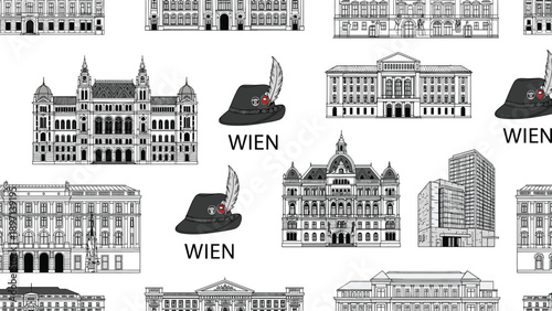 Seamless pattern featuring traditional black and white sketches of Vienna architectural landmarks and regional Tyrolean hats.