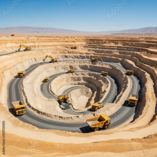 Large open pit mine with heavy machinery excavation.