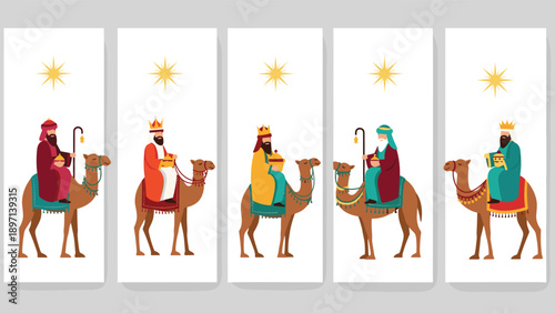 Series of vertical banners depicting the three wise men riding camels across a desert following a star in the sky.