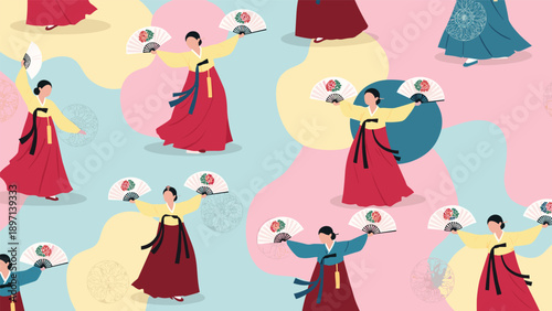 Seamless pattern of women wearing traditional korean hanbok dresses performing a fan dance on a pastel multicolored background.