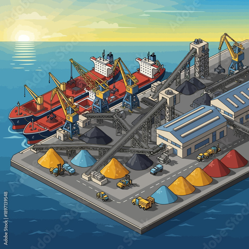 Industrial harbor with cargo ships and cranes loading materials.