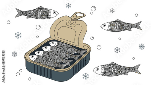 Artistic illustration of a sardine can with patterned fish and individual fish floating around with bubbles and snowflakes.
