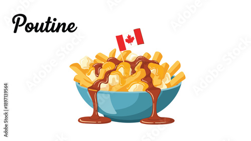 Bowl of traditional canadian poutine with french fries, cheese curds, and gravy topped with a small flag of canada.