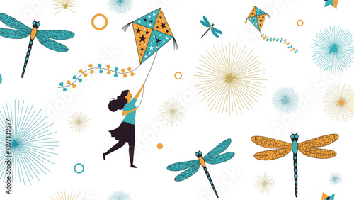 Seamless pattern of a young girl flying a kite among flying dragonflies and starburst shapes on a clean white background.
