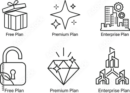 Six business plan icons isolated on transparent background