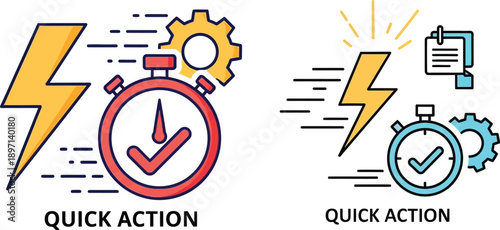 Quick action icons with stopwatch and lightning bolt isolated on transparent background