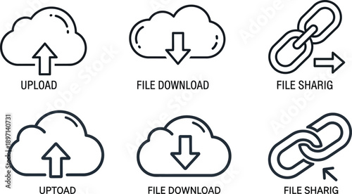 Cloud icons for file sharing and storage isolated on transparent background