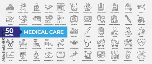 Medical Care Icon Set Line Style Vector Illustration. Containing icon hospital, emergency, health, medical, pharmacy, patient, medical equipment, doctor and medicine.