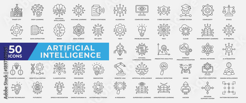 Artificial Intelligence Icon Set Line Style Vector Illustration. Containing icon smart city, machine learning, algorithm, cyber security, automation, big data, brain and innovation.