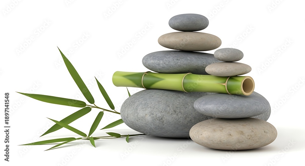 Fototapeta premium Stacked stones and bamboo for meditation and relaxation in a serene environment