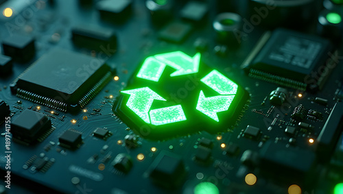 A glowing green recycle symbol on computer microchip processor, electronic circuit board - ai, environment, sustainable, eco-friendly technology, green energy, computing, waste recycling 