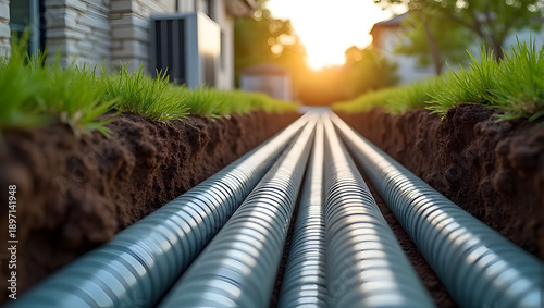 Ground source heat pump, long trench with insulated pipes leading to modern residential house, outdoor - geothermal energy, home utility installation, sustainable, plumbing, eco-friendly technology