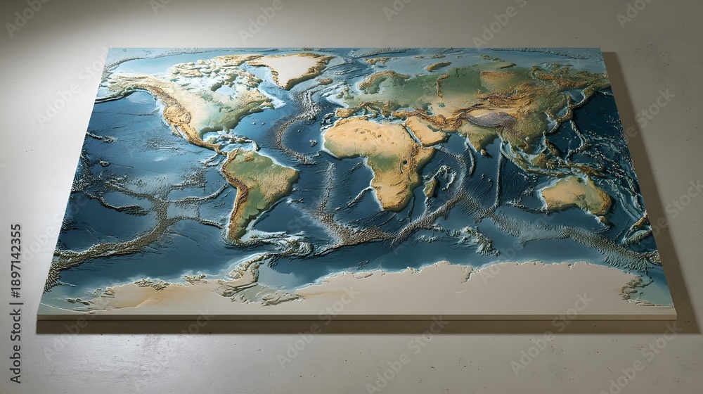 Naklejka premium Detailed Earth Relief Map Illustrates Continents Oceans A Global Perspective Educational Aesthetic Image