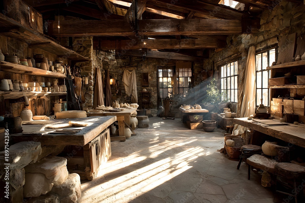 Fototapeta premium Resource flows warmly through a sunlit workshop alive with hands shaping clay and weaving.