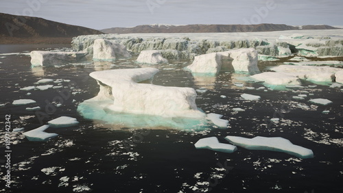 Fotografi Large icebergs drift peacefully in dark waters across a distant Arctic scene