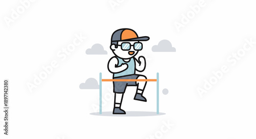 Young male athlete jumping over hurdles during outdoor track race under overcast sky with clouds illustrating competitive sports