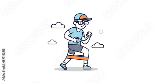 Cartoon Illustration of a Young Man Running with Fitness Tracker and Casual Sportswear Under a Cloudy Sky