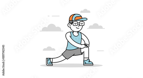 Young boy in casual sportswear performing dynamic stretching outdoors on a cloudy day with playful clouds in the background for