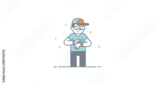 Casual young man with cap and glasses checking smartwatch in minimalistic cartoon style