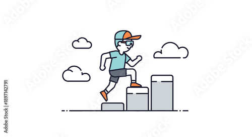 Young boy with glasses running up a series of ascending bars in a minimalistic cartoon style representing growth or progress in