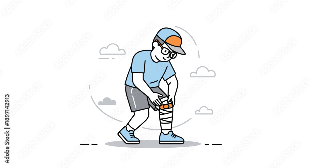 Obraz premium Illustration of a young athlete preparing to run with a bandaged leg in a casual sports outfit on a simple outdoor background