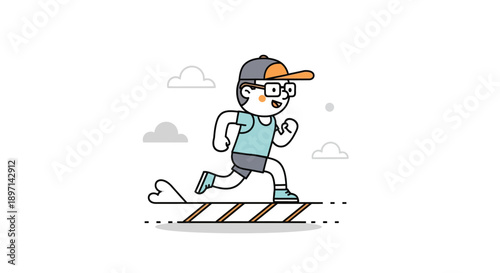 Animated cartoon illustration of a young boy jogging on a trail with clouds in the background capturing energetic outdoor