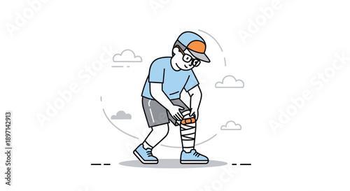 Illustration of a young athlete preparing to run with a bandaged leg in a casual sports outfit on a simple outdoor background