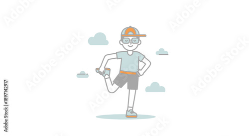 Illustration of a cheerful person practicing yoga outdoors during daytime in a minimalistic style suitable for wellness