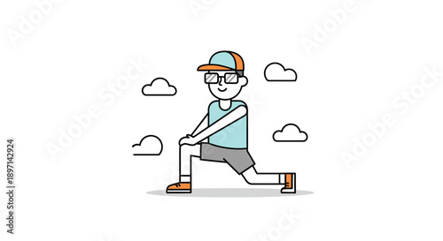 Minimalist Vector Illustration of a Young Man Performing a Stretching Exercise Outdoors with Clouds in the Background for