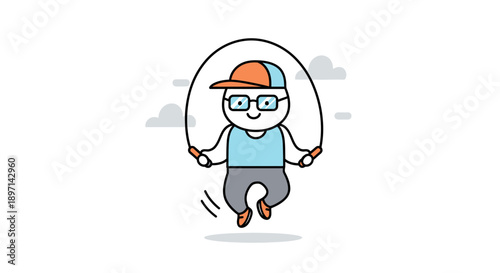 Playful cartoon child jumping rope wearing casual attire and glasses in a minimalistic outdoor scene suitable for children?s