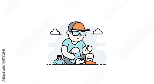 Young boy dressed as a scientist conducting outdoor experiments in a cartoon style with clouds in the background